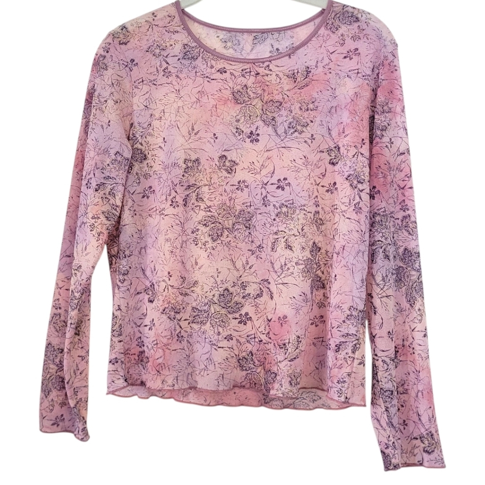 Women's Floral Pink Sheer Top Blouse Tie Dye Gold Metalic Grunge Fairy 90s Y2K M